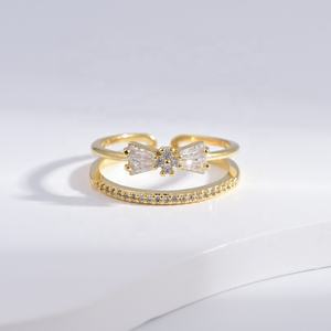 Anillo de plata S925 con circonita, diseño de lazo, chapado en oro de 14k, ajustable, minimalista, delicado, para chicas, precio de fábrica. - Product Image 2