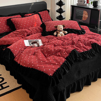 Ensemble de literie 4 pièces en velours de lait à imprimé floral à volants, couette et drap épais et moelleux double face pour la chambre à coucher en hiver