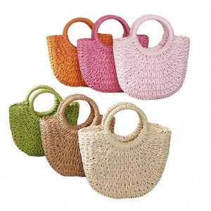 Muestra Gratuita: Bolso de Playa con Asa Superior, Bolso de Mano, Bolso Cesta de Paja, Bolso Tote Retro Hecho a Mano con Asa Redonda, Bolsos de Ratán con Anillo - Product Image 2