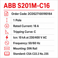 Disjoncteur miniature S201M-C16 1P 16A Courbe C 10kA CSA C22.2 N°235 pour panneaux de commande au Canada