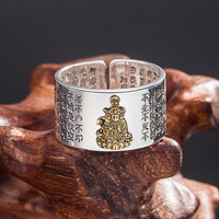Nouvelle bague Feng Shui en argent, style rétro, porte-bonheur, ajustable, avec Sutra du Cœur de Bouddha et 12 animaux du zodiaque, pour homme