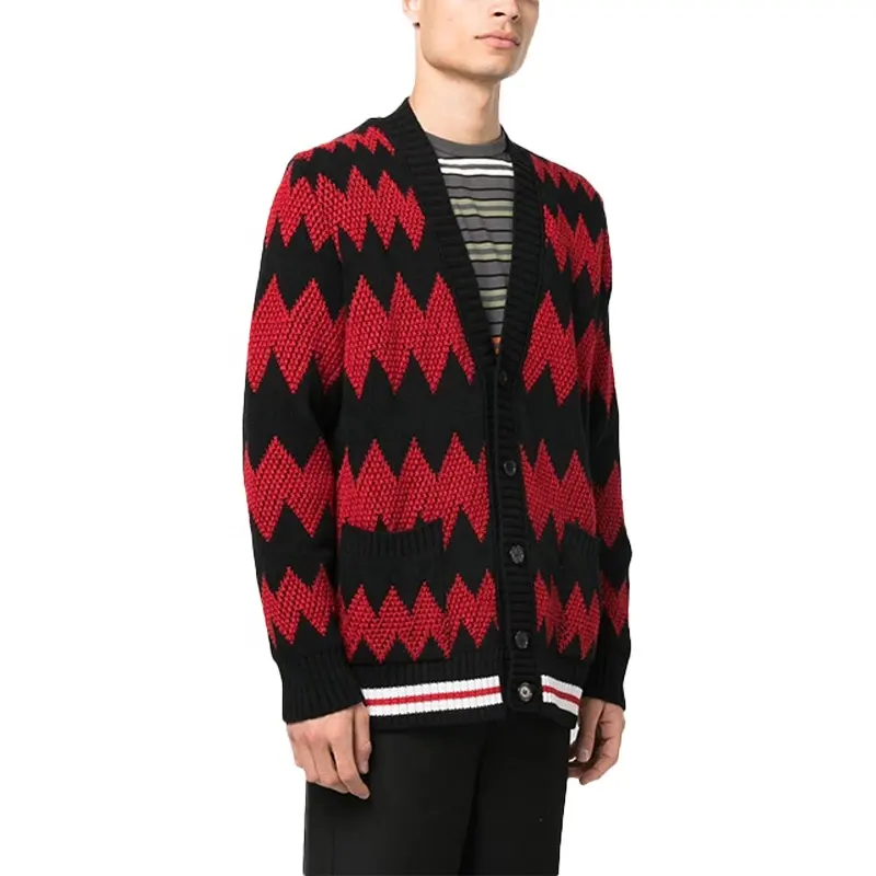 Custom ODM Fashion men Sweaters Jacket Long Sleeve Knit Color block Jacquard stripes cardigans mens knitted sweater cardigans