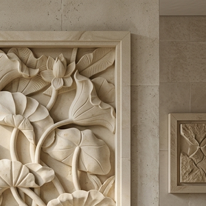 Escultura de Relieve de Piedra Bali Beige de Diseño Personalizado, Piedra Caliza Natural 100% Tallada a Mano, Patrón Floral 3D, Arte Mural Moderno para Villa - Product Image 1