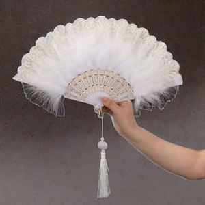 Elegante Abanico Plegable de Encaje con Plumas para Baile, Hecho a Mano, Estilo Antiguo, de Plástico, Duradero, Clásico, para Fiestas - Product Image 3