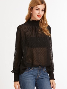 Latest Long Sleeve Black <strong>Sheer</strong> Women Smocked <strong>Blouse</strong> - Product Image 6