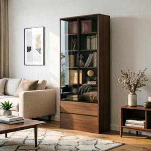 Librero Alto de Estilo Europeo Moderno <span class=keywords><strong>con</strong></span> <span class=keywords><strong>Puertas</strong></span> Corredizas de Vidrio Templado, 2 Cajones Inferiores y Estantes Ajustables, Acabado en Nogal, para Oficina en Casa - Product Image 4