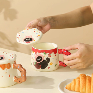 Cute Little Black Cat Cartoon <b>Ceramic</b> <b>Mugs</b> with Lids Set Back to School Couple Souvenirs - Product Image 2