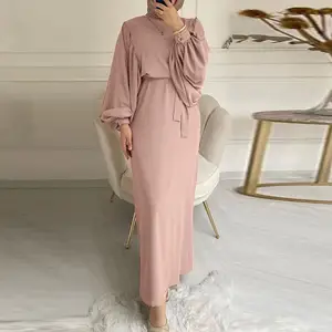 Elegant Muslim Dress Women 2022 Spring Fashion Belted Maxi Dubai Abaya Party Solid Long Sleeve Turkey Hijab OL Kaftan