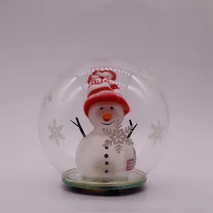 最新款式圣诞玻璃装饰品发光二极管灯12 * 13厘米透明玻璃球，带手绘玻璃雪人