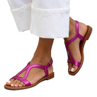 Sandales plates OEM ODM pour femmes, à bride en T évidée, avec boucle réglable, style slingback, pour l'été, la plage, décontractées, en similicuir