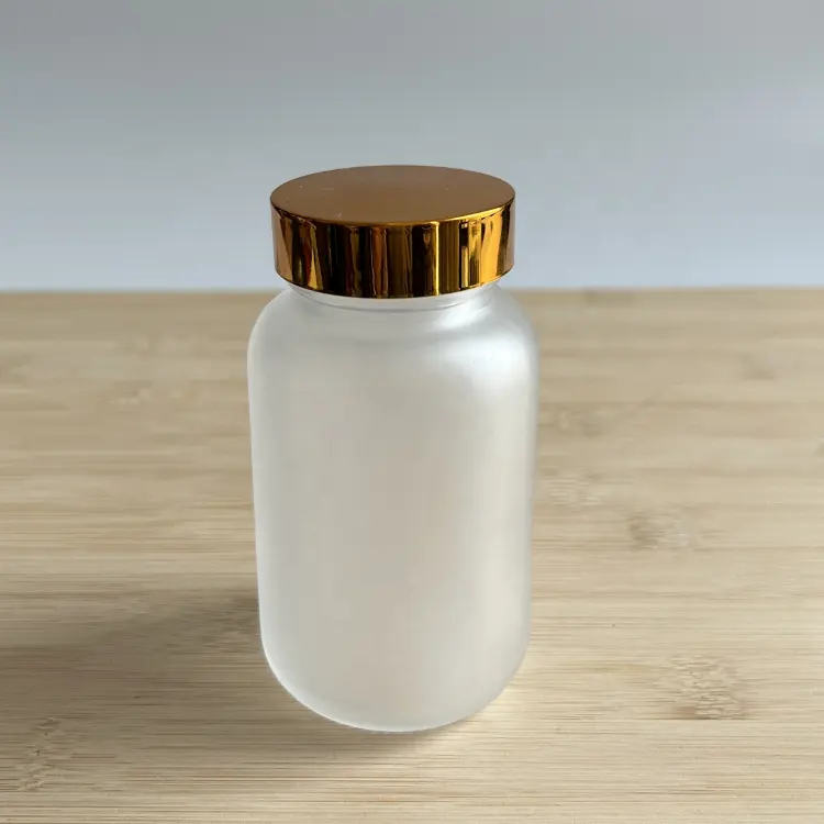 150ml Label pribadi Vial farmasi botol pil kaca buram atas kayu dengan tutup emas segel