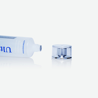 Tubo Exprimible de LDPE Blanco Translúcido, Texto Azul Personalizado, Impresión Serigráfica, Tubo Suave con Tapa de Rosca Plateada Transparente para Cosméticos