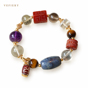 Natural Agate Mixed <b>Crystal</b> Colorful Beaded Stretch <b>Bracelet</b> with Gold Tone Details <b>for</b> <b>Women</b> Custom Jewelry Wholesale - Product Image 1