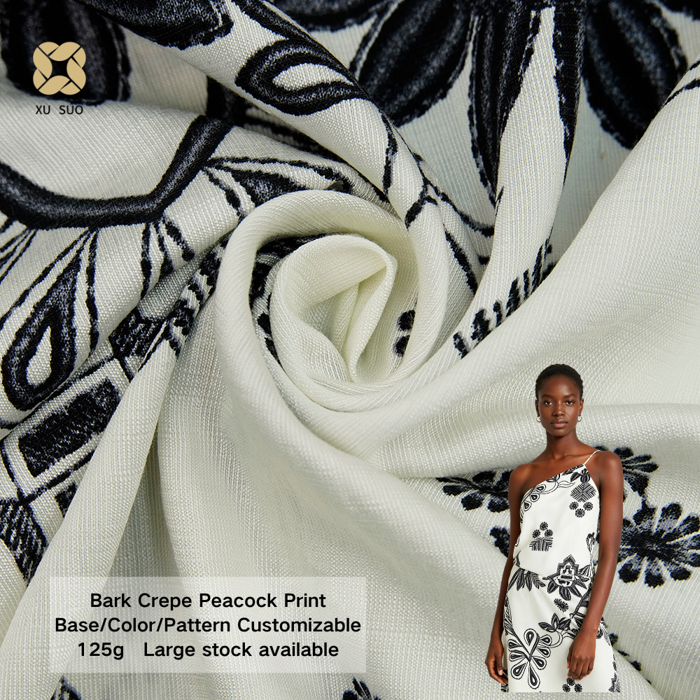 Custom Wholesale 80 Rayon 20 Nylon 125gsm Bark Crepe Fabric Customizable Peacock Floral Print for Dress Blouse Waistcoat