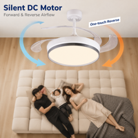 Ventilateur de plafond rétractable avec lumière, télécommande, anneau LED réversible, ventilateur de plafond à profil bas pour salle à manger