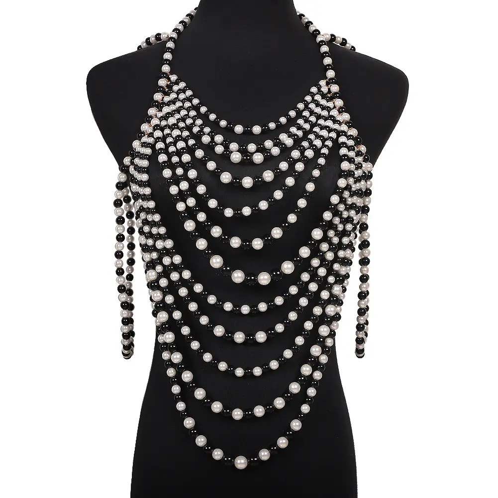 Women Imitation Pearl Beaded Bib Choker Necklace Body Chain Shawl Collar Jewelry Female Party Luxurious Decorative Accessories