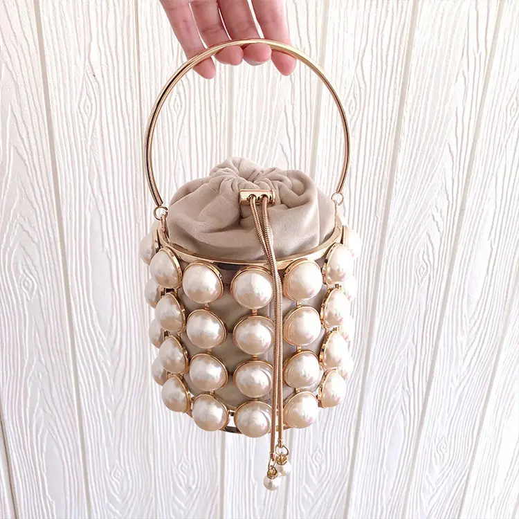 Women Famous Brand Hollow Out Pearl Basket Evening Clutch Bag Flowers Beaded Metallic Clutch Purse Korean Bucket Party Handbag