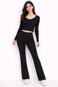 Set 2 Pezzi: Top Corto a Maniche Lunghe con Scollo a Barca e Pantaloni a Vita Alta, Nero Tinta Unita, Traspirante in Spandex e Cotone, Abbigliamento Yoga - Product Image 1