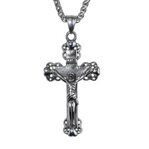Collier pendentif croix crucifix en acier inoxydable avec bordure cœur creux pour homme, style vintage, gothique, punk, motard, audacieux, rétro, bijoux de mode - Product Image 1