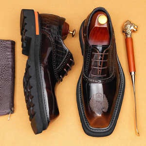 Chaussures de soirée à motif patchwork, cuir véritable de haute qualité, style britannique, chaussures habillées formelles pour hommes, à enfiler, bout pointu, semelle souple, pour le marié - Product Image 3