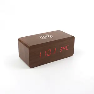 XX323 jam Alarm Digital kayu, pengisi daya nirkabel QI kayu LED kalender waktu temperatur suara kreatif kayu