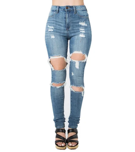 Jean skinny <span class=keywords><strong>taille</strong></span> <span class=keywords><strong>haute</strong></span> tendance pour <span class=keywords><strong>femme</strong></span>, délavé, respirant, déchiré, en denim, style streetwear décontracté pour le quotidien - Product Image 2