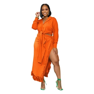 Abbigliamento Femminile Europeo e Americano, Completo Due Pezzi con Camicia e Gonna, Set con Nappine e <span class=keywords><strong>Pizzo</strong></span>, Gonna con Spacco e Lacci - Product Image 6