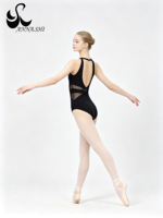 Maillot de Ballet Negro con Espalda Descubierta y Detalles en Malla de Anna Shi para Mujer, Traje de Gimnasia Profesional para Entrenamiento