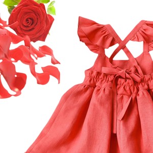 Abito da bambina a tinta unita con decorazioni floreali, in cotone ecologico, a maniche corte, modello a trapezio, traspirante, estivo. - Product Image 2