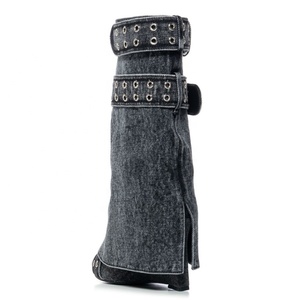 Black Denim Buckles Trendy Short Overlay Booties High Wedge Heel Mid-Calf Shaft <b>Boots</b> for Women Pointy Toe Shoes - Product Image 4