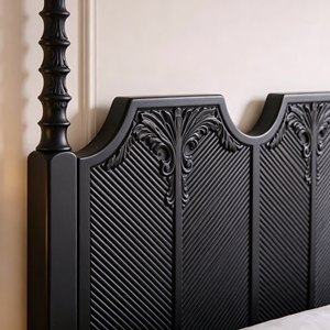 Premium <b>Black</b> Solid Wood <b>Bed</b> Frame French Vintage Wave Panel Carved Headboard Turned Post Bedroom Furniture Stable Home Wooden D - Product Image 2