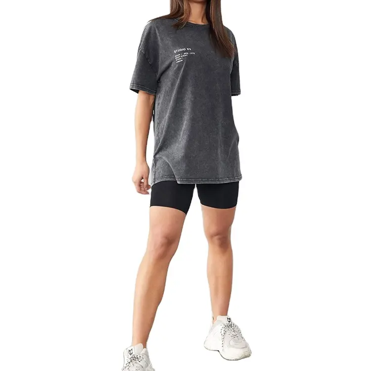 Fabricante personalizado precio barato manga corta negro gris BF calle de gran tamaño lavado ácido camiseta mujer camiseta de gran tamaño