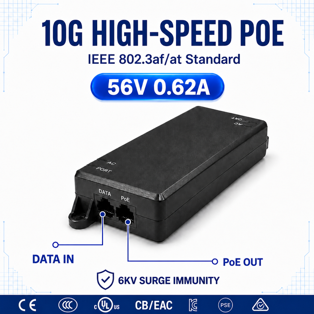 Gigabit Ieee 802.3at AC DC Power Over Ethernet 24W 35W 54W 90W 19V 48V 54V 56V 1.5a Poe Injector for IP Cameras IoT Applications