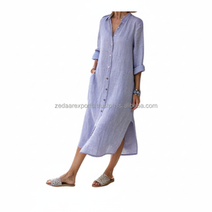 Vestido camisero de lino ligero para mujer, informal, de manga larga, para vacaciones de verano, ropa informal con abertura lateral, ropa informal sólida Natural - Product Image 1