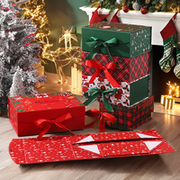 Boîte cadeau magnétique pliable de Noël, rouge et noir à carreaux, imprimé vert Père Noël flocon de neige, fermeture à ruban, carton rigide mat