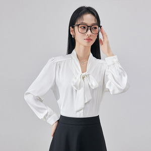 White Bow Tie Blouse Women Solid Color Long Sleeve Poplin Shirt Work Office Wear Formal Interview Style 2025 Spring Autumn - Product Image 2