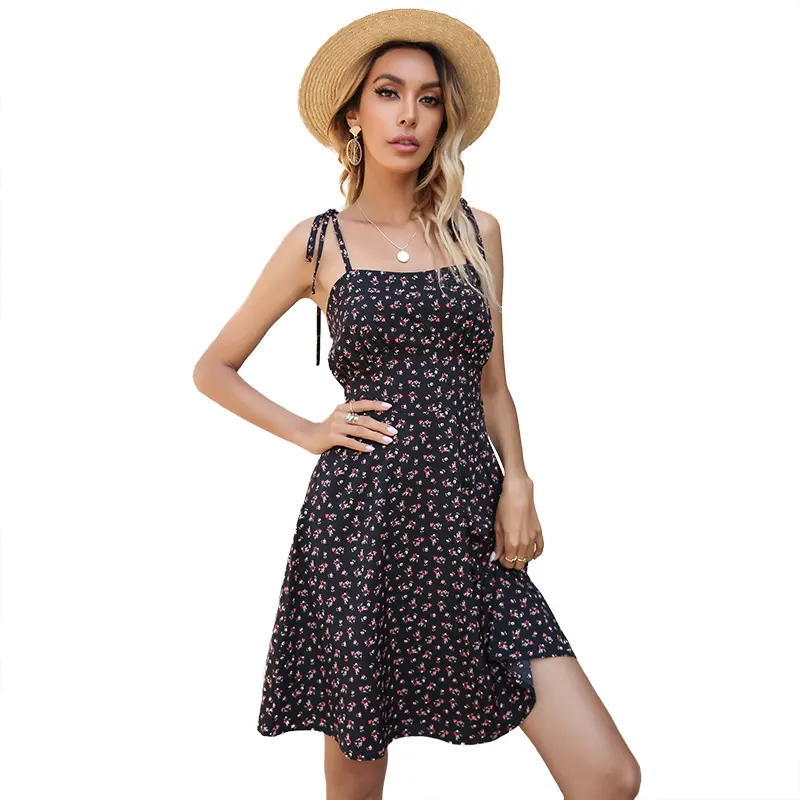 Meethope Summer European and American black sexy low-cost wholesale halter dress with open back floral ruffle dress