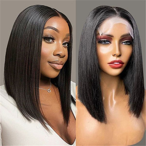 Pelucas cortas bob peruanas al por mayor, peluca de cabello <span class=keywords><strong>humano</strong></span> con encaje frontal para mujeres negras, peluca frontal de encaje suizo HD 4x4 de color natural y liso - Product Image 2