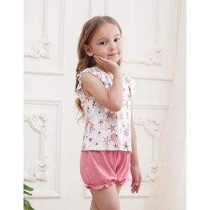Ensemble Pyjama d'été pour Filles : Haut en Coton à Volants Floraux et Short Vert, Sans Manches, Respirant, Tenue de Nuit et d'Intérieur pour Enfants - Product Image 2