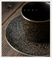 Ensemble tasse à café et soucoupe en céramique de style Wabi-Sabi vintage fait main, de forme ronde, pour l'art du latte