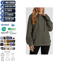 Sweat à capuche texturé gaufré pour femme, coupe oversize à épaules tombantes, uni, vert, pour personnalisation de logo