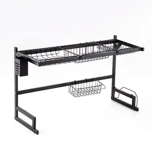 2-Tier Expandable Stainless Steel Dish Drying Rack Over-Sink Standing Type Kitchen Accessory With 4 Utility Hooks
