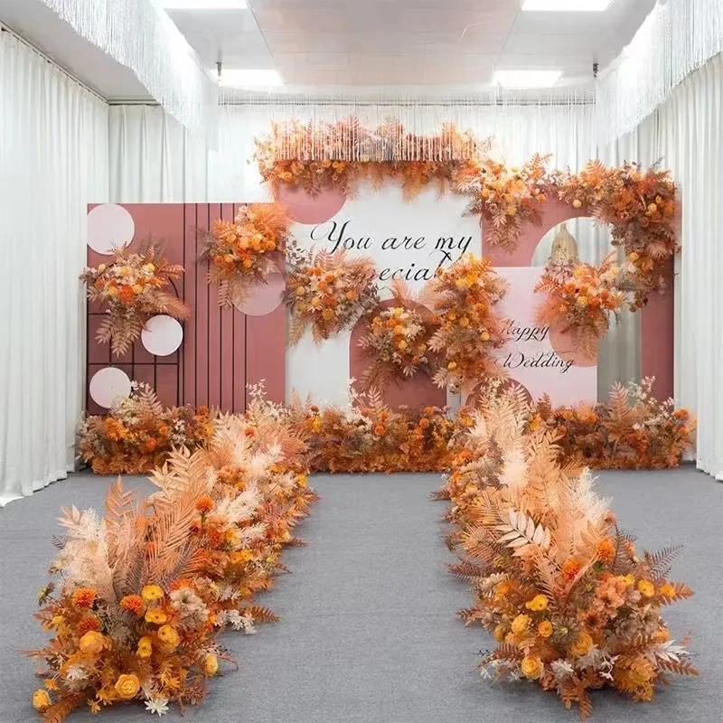 GIGA-Arco de boda, ranunculus arangement peach, flor de seda turquesa, arco de flores de boda naranja