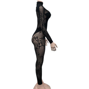 Viviblook Z0105JP Nuevo Mono Casual para Mujer, Encaje Sexy, Calado, Manga Larga, Mono Negro de una Pieza - Product Image 3