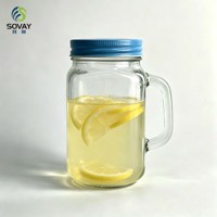 Pot Mason en verre à col fileté avec poignée, 480 ml, en verre transparent robuste, pour le stockage en garde-manger, les boissons froides et les fêtes