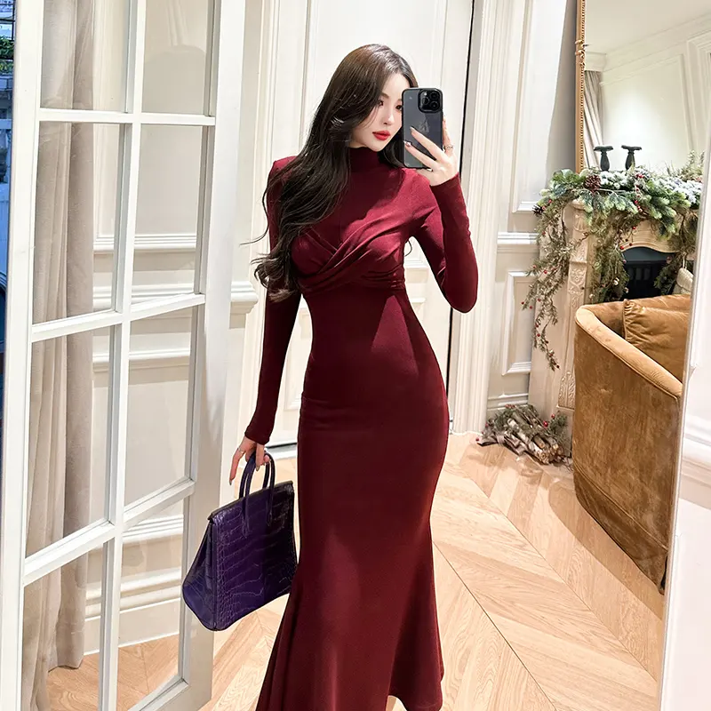 ZYHT 20229 Woman Long Sleeve Long Dress Women Solid Color Bodycon Casual Cotton Dresses Women Long Maxi Dress