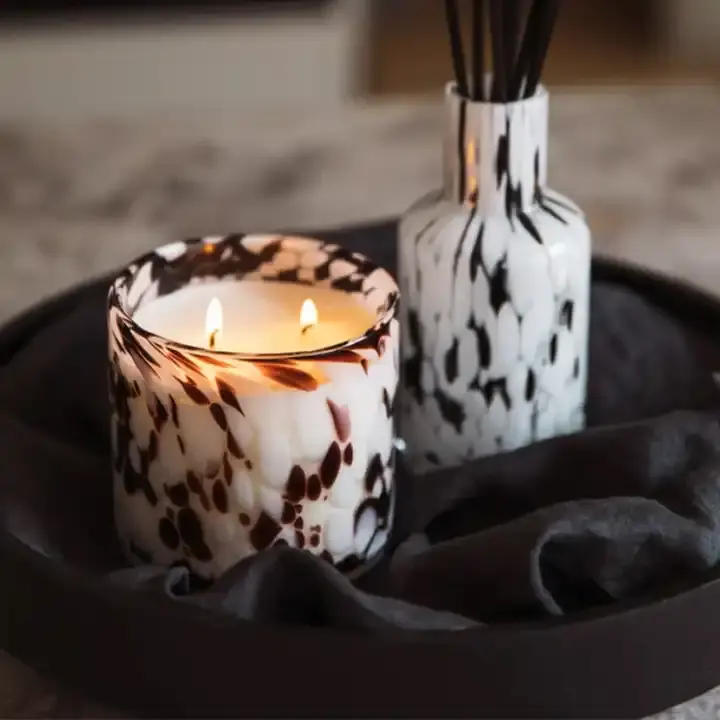 Handgemaakte Luxe Gespikkelde Glazen Pilaar Kandelaar Voor Diwali En Meditatie Lang Brandende Pot Voor Geurkaarsen Cadeau Set