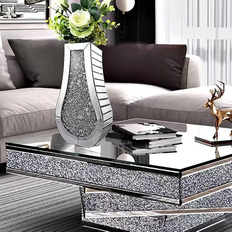 Luxe Geplette Diamantspiegel Zilver Glas Kristallen Bloemenvaas Voor Hotels Bruiloft Huisdecoratie Gemalen Diamanten Vaas