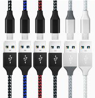 Kabel Pengisian Daya USB 2.0 Micro USB 3ft 6ft Anyaman Nilon Hitam, Pengisian Cepat PVC untuk Jam Tangan Pintar, Jalinan Logam Paduan Aluminium