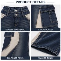 Jean cargo en denim color block personnalisé pour femme, taille haute, jambe large, patchwork, coupe évasée, double boutonnage, pour le streetwear